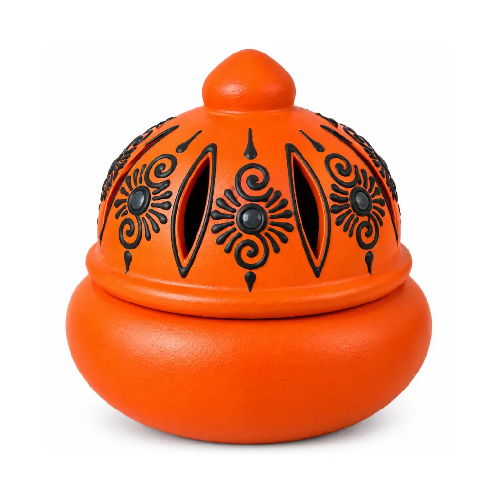 CRAFT TARA HANDCRAFTED TERRACOTTA SAMBRANI DHOOP BURNER WITH DECORATIVE LID ORANGE