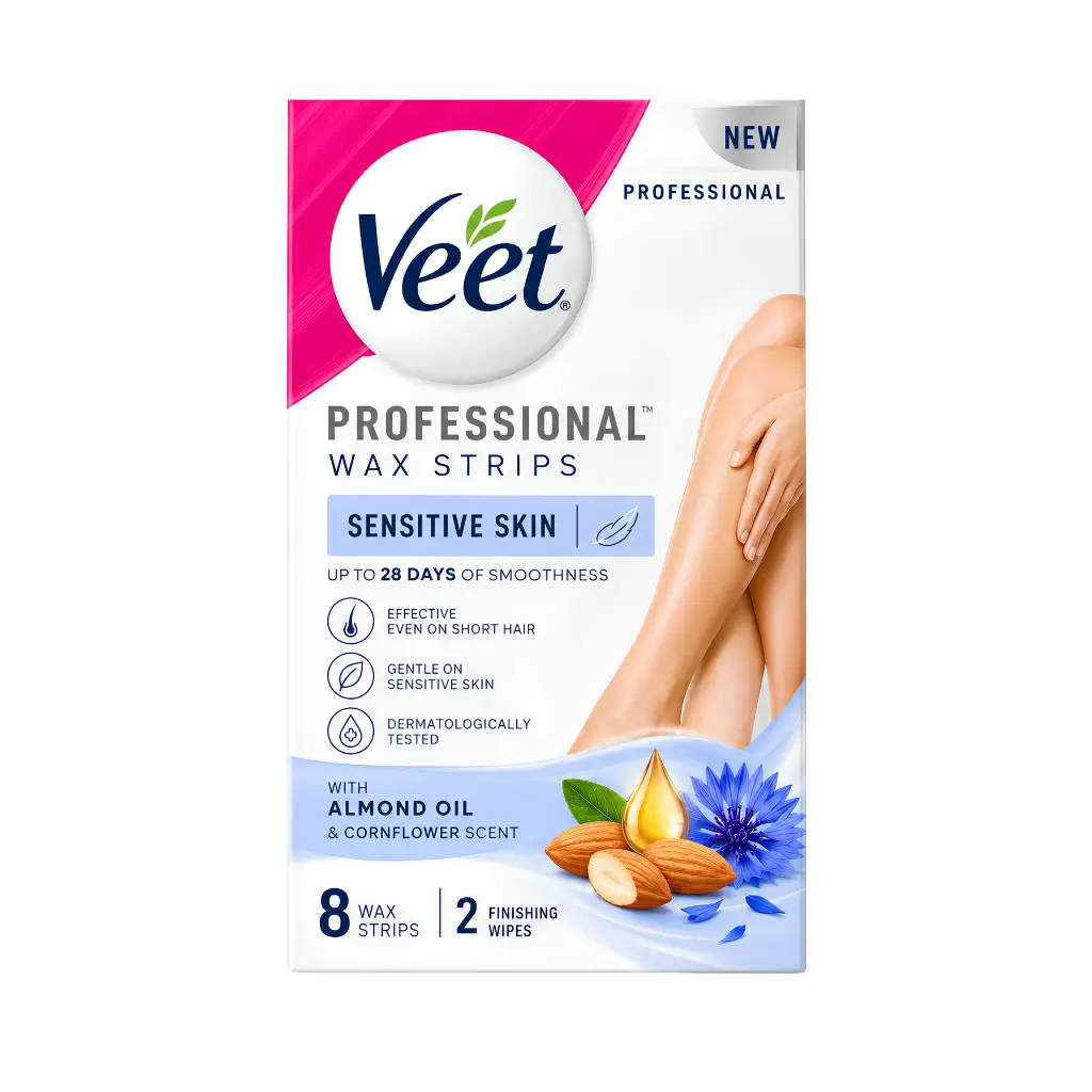 VEET PROFESSIONAL SENSITIVE SKIN ALMOND OIL & CORNFLOWER SCENT 8 WAX STRIPS & 2 FINISH WIPES