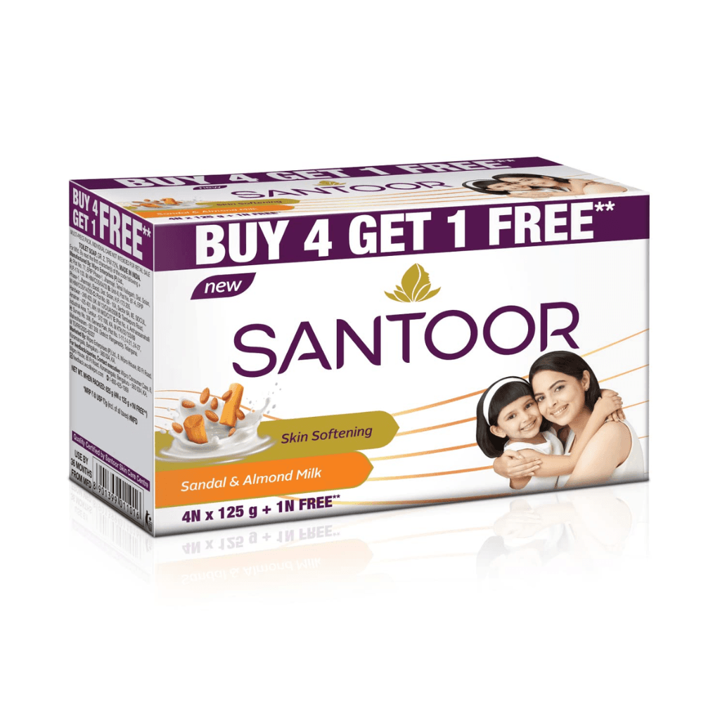 Santoor Skin Softening Sandal & Almond Milk Bathing Soap with Nourishing & Anti-Aging Properties For Smooth & Soft and Younger-Looking Skin| For All Skin Types 125GM 4+1