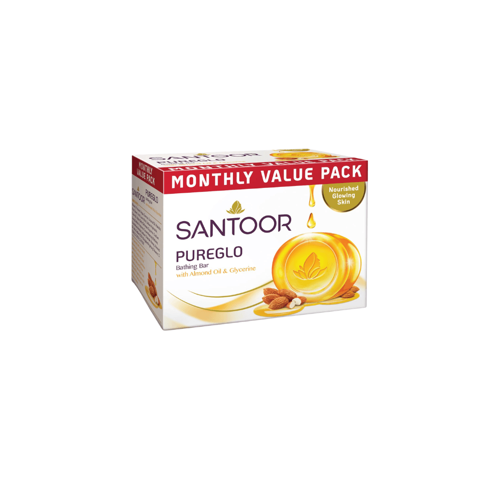 Santoor PureGlo Glycerine Soap with Almond Oil and Glycerine, 125g for Nourished Glowing Skin