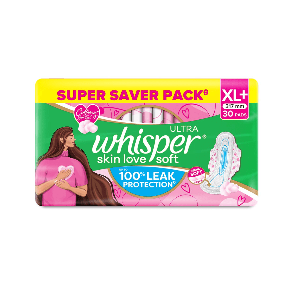 Whisper Ultra Skin Love Soft Sanitary Pads for Women, XL+ 15 Pads, Cottony Soft Feel, Upto 100% Leak* Protection, Disposable Wrapper, Locks Odour & Wetness