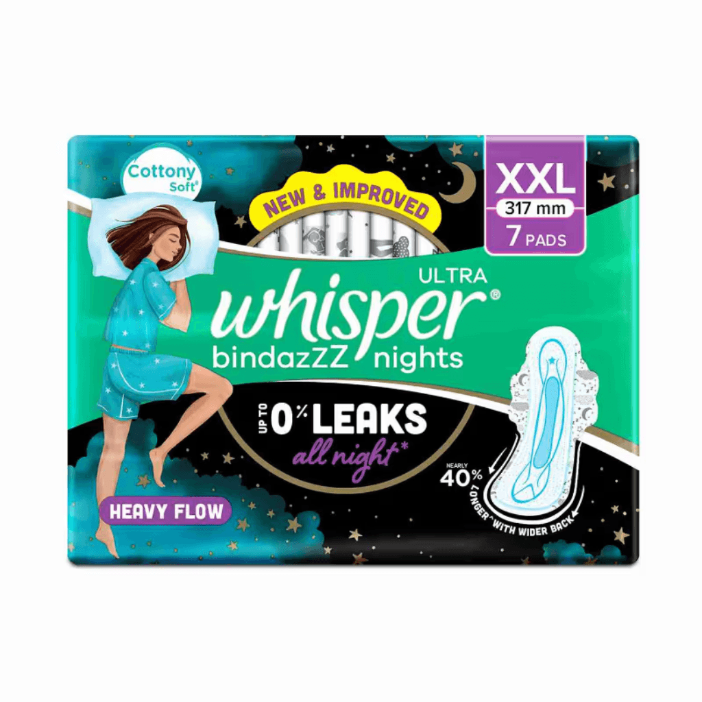 Whisper Bindazzz Nights 44 XXL Sanitary Pads, Upto 0% Leaks All Night Long, For Heavy Flow, Nearly 40% Longer with Wider Back, Active odor lock so you feel fresh, Disposable Wrapper