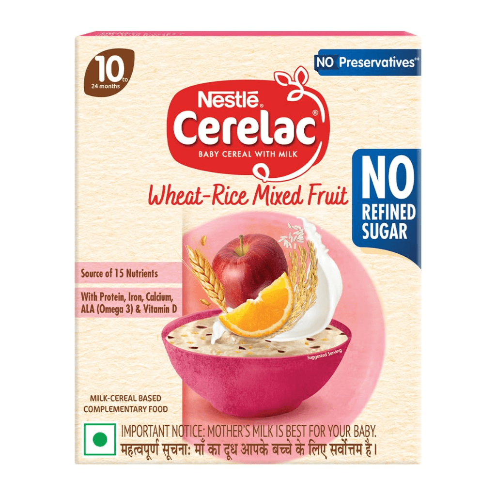 CERELAC Baby Food Cereal | No Refined Sugar | No Preservatives | Wheat Rice Mixed Fruit for 10 to 24 Months Baby | Omega 3 Iron Protein Calcium Vitamin D for Babies | Instant Cereal | 300g