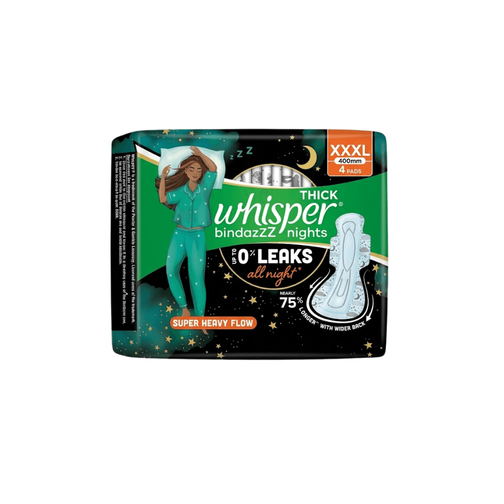Whisper Bindazzz Nights 4 XXXL Sanitary Pads, Upto 0% Leaks All Night Long, For Super Heavy Flow, Nearly 75% Longer with Wider Back, Double hug wings keep pad in place, Disposable Wrapper