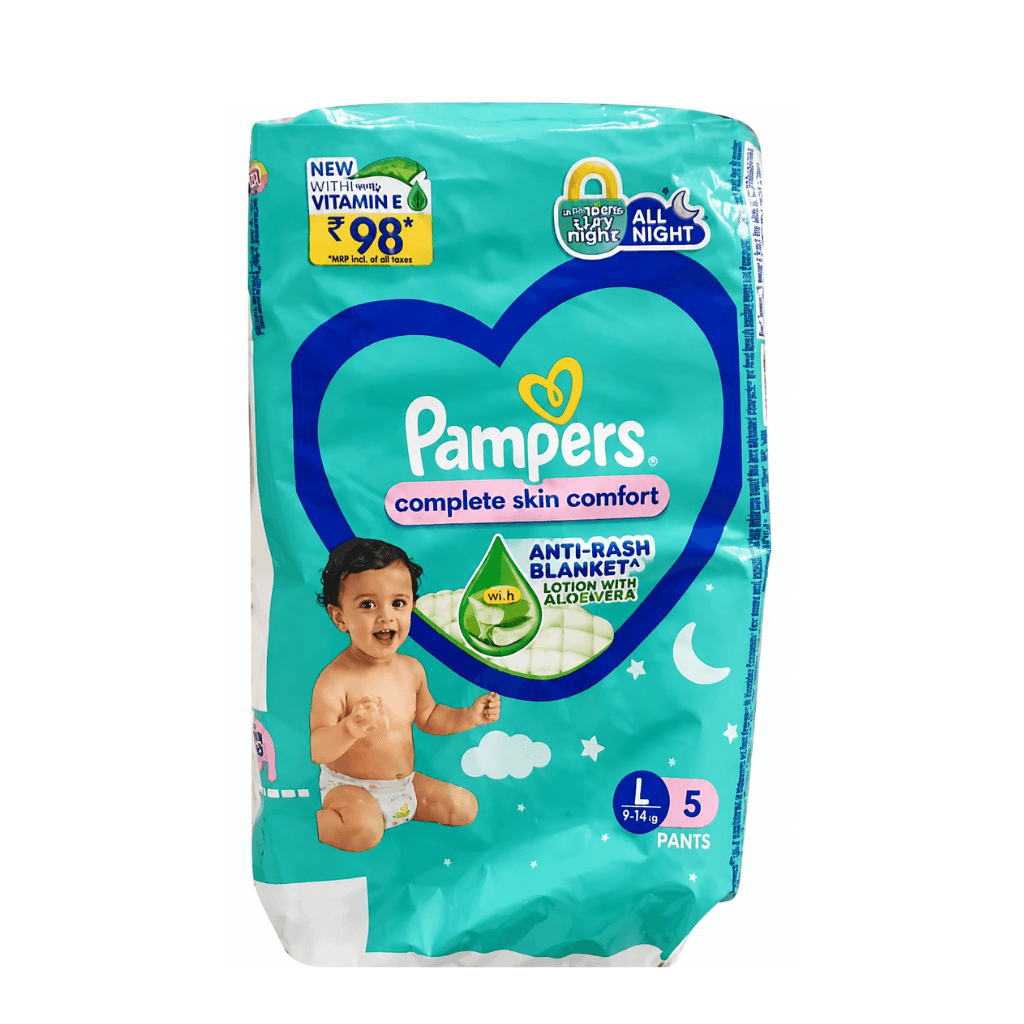 Pampers Complete Skin Comfort Pants, Large (L), 5 Count, Anti-rash blanket, Lotion with Vitamin E & Aloe Vera, 9-14kg