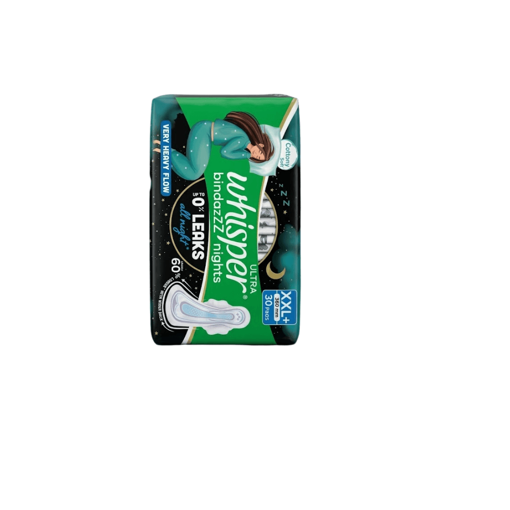 Whisper Bindazzz Nights 30 XXL+ Sanitary Pads, Upto 0% Leaks All Night Long, For Very Heavy Flow, Nearly 60% Longer with Wider Back, Active odor lock so you feel fresh, Disposable Wrapper