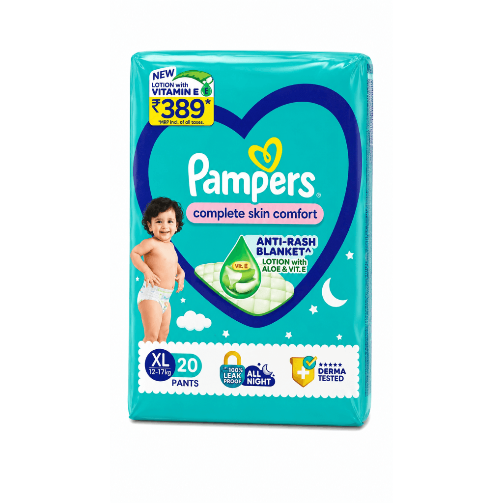 PAMPERS COMPLETE SKIN COMFORT PANTS, (XL) 20 COUNT, ANTI-RASH BLANKET, LOTION WITH VITAMIN E & ALOE VERA, EXTRA LARGE SIZE BABY DIAPERS, 12-17KG