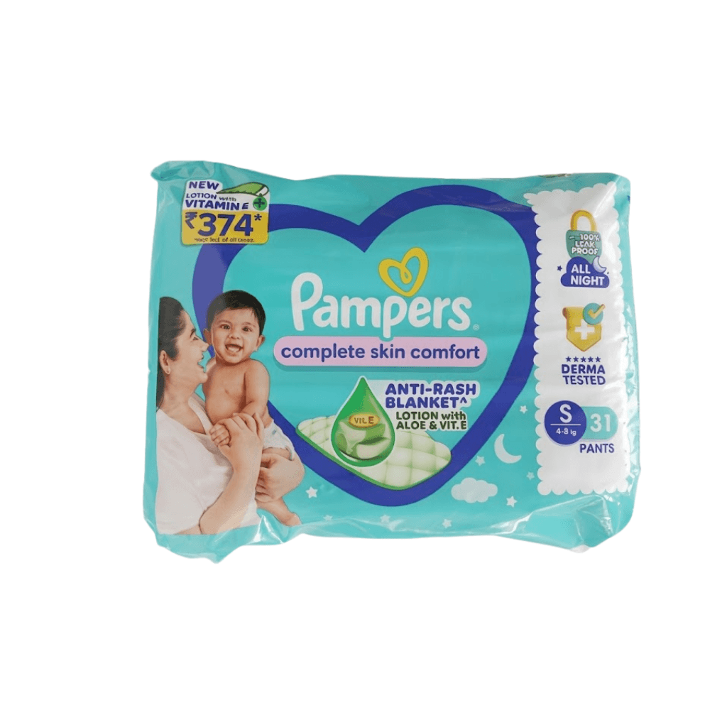 PAMPERS COMPLETE SKIN COMFORT PANTS (S) 31 COUNT SMALL SIZE BABY DIAPERS 4-8 KG.