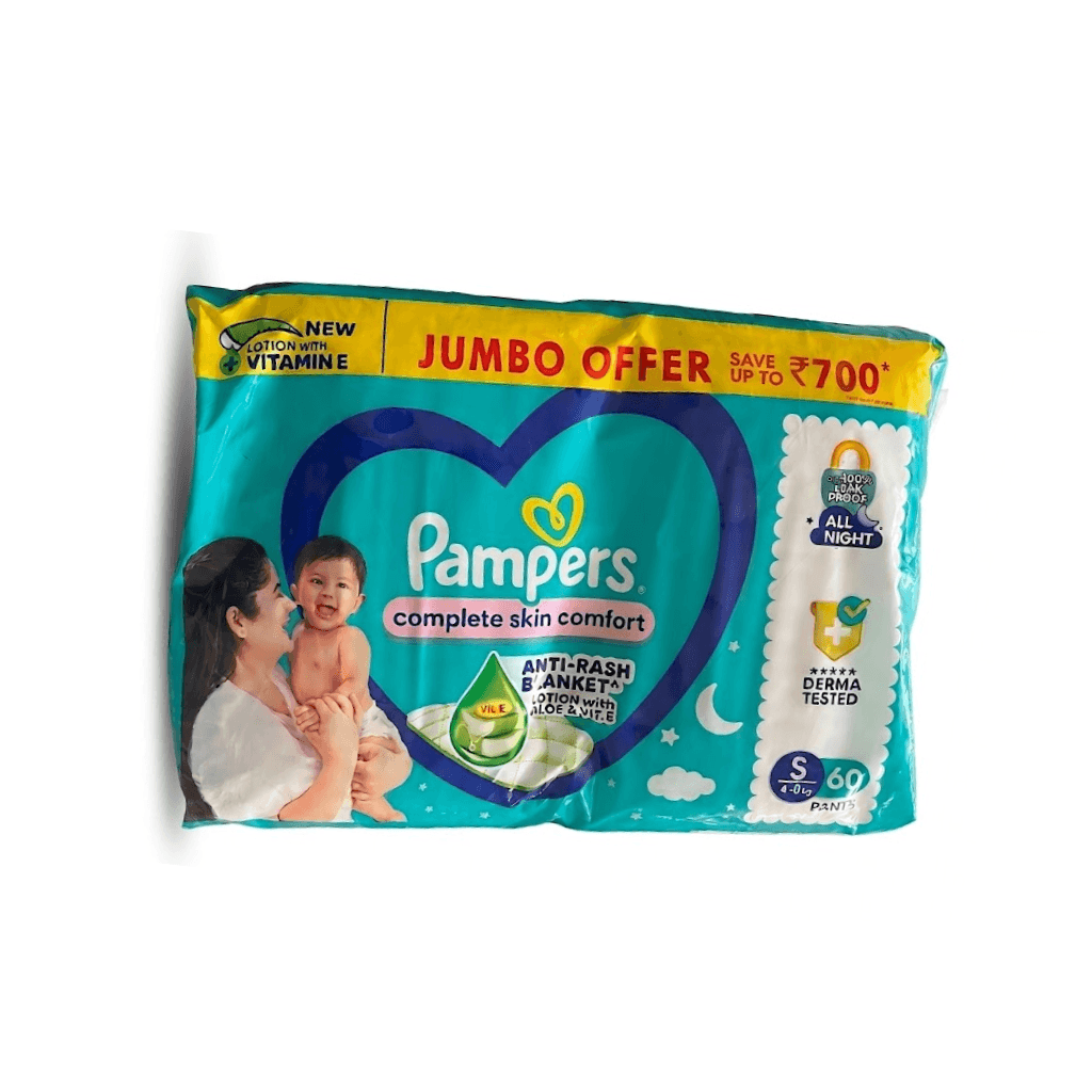 Pampers Complete Skin Comfort Pants, (S) 60 Count, Anti-rash blanket, Lotion with Vitamin E & Aloe Vera, Small size baby diapers, 4-8 kg