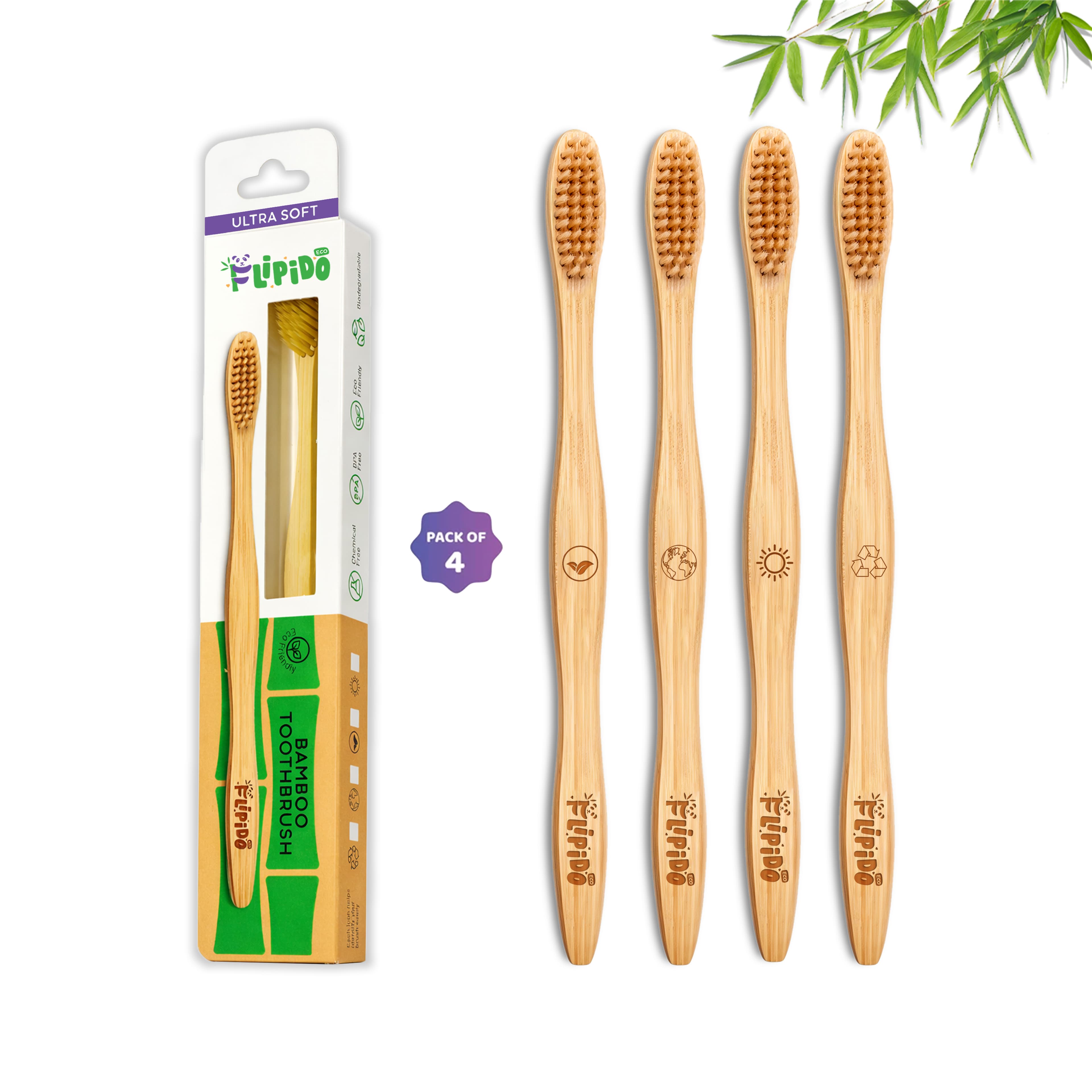 Organic Bamboo Toothbrush for Adults Manual (Pack of 4), Fiber Activated Ultra Soft Bristles, Identification Marks, Biodegradable, Anti-Bacterial, Eco-friendly, Natural