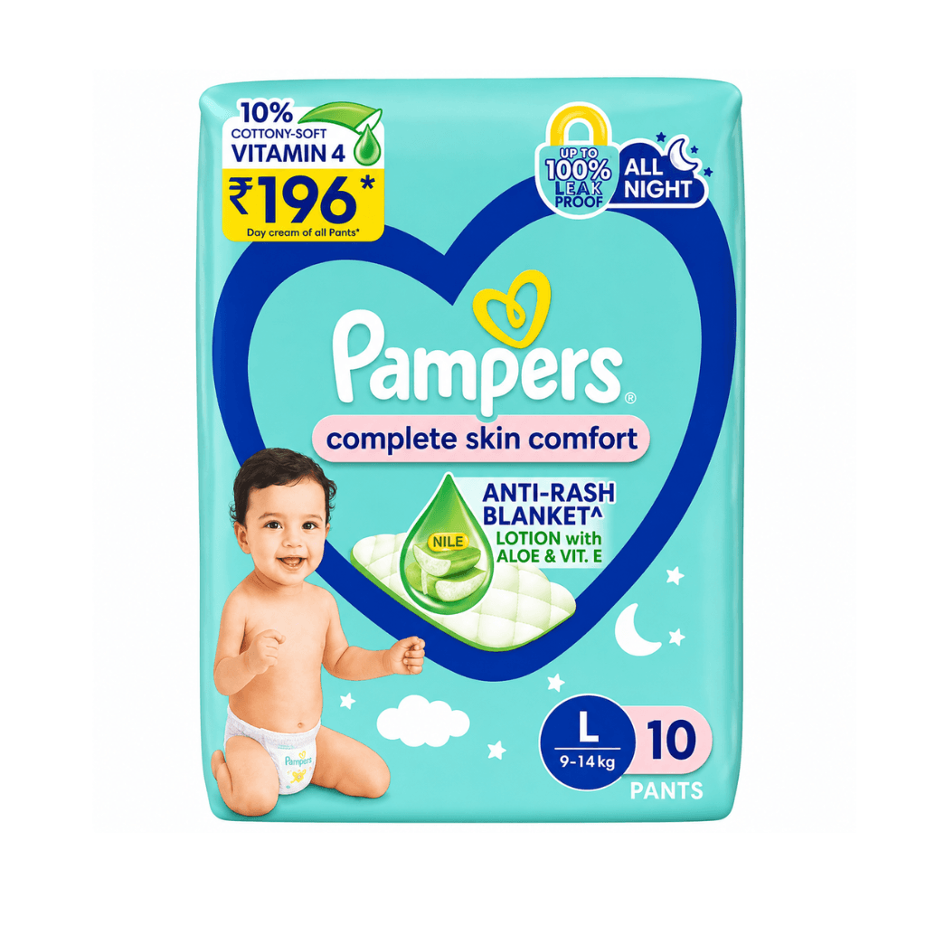 Pampers Complete Skin Comfort | Pant Style Diaper Large, 10 Count| Anti Rash with 100% protection from leakage upto 12 hrs