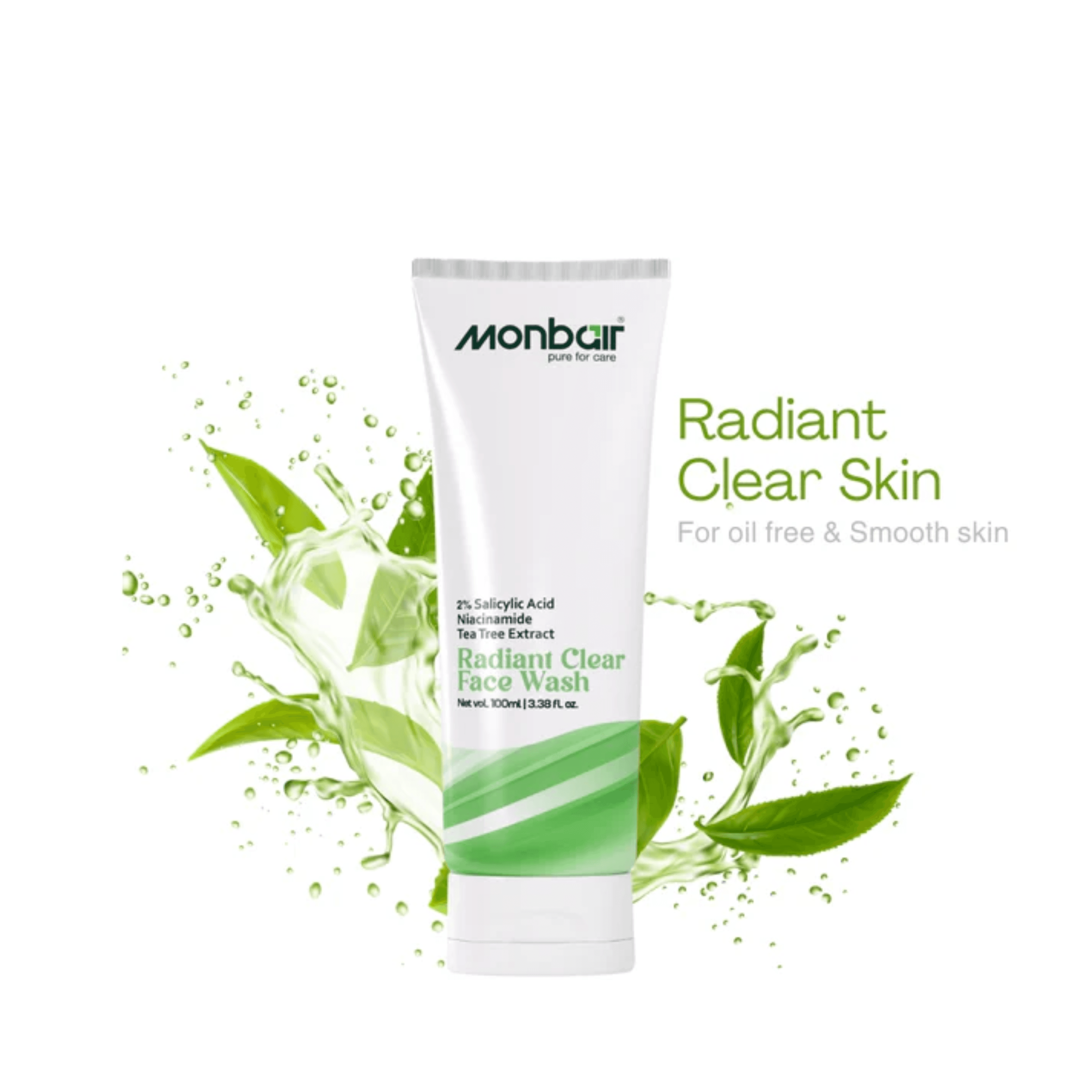 Monbair Radiant Clear Face Wash | 2% Salicylic Acid, Niacinamide, Tea Tree | Anti-Acne, Sulphate-Free | For Oily Skin | 100ml