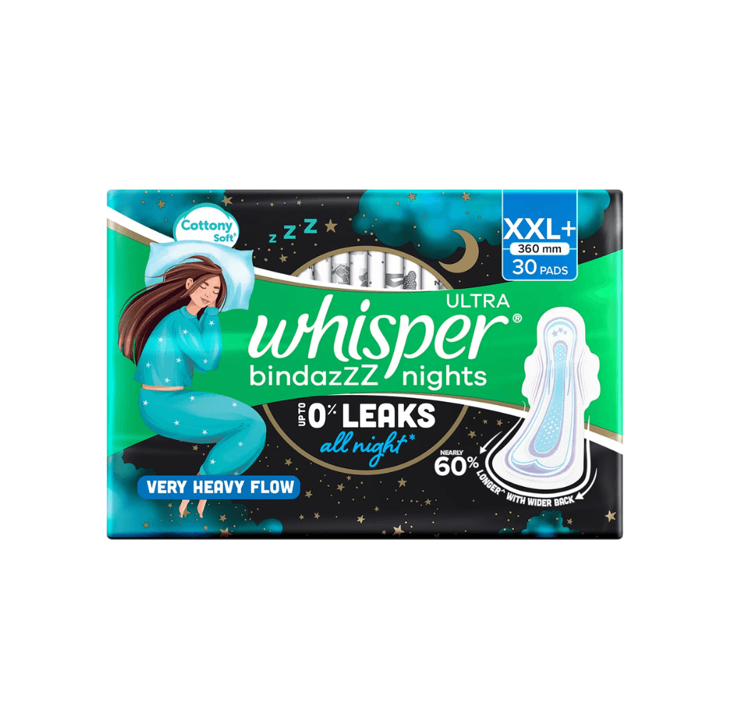 WHISPER BINDAZZZ NIGHTS VERY HEAVY FLOW XXL+ 30 PADS