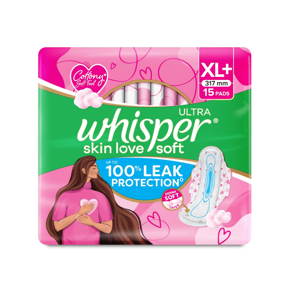 Whisper Ultra Skin Love Soft Sanitary Pads for Women, XL+ 15 Pads, Cottony Soft Feel, Upto 100% Leak* Protection, Disposable Wrapper, Locks Odour & Wetness