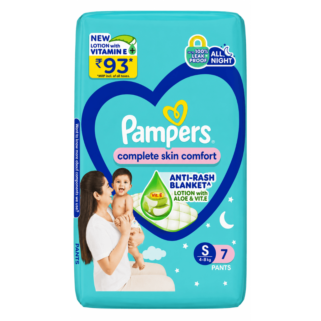 PAMPERS COMPLETE SKIN COMFORT PANTS, (S) 7 COUNT, ANTI-RASH BLANKET, LOTION WITH VITAMIN E & ALOE VERA, SMALL SIZE BABY DIAPERS, 4-8 KG