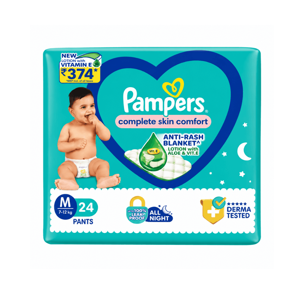 PAMPERS COMPLETE SKIN COMFORT PANTS, (M) 24 COUNT, ANTI-RASH BLANKET, LOTION WITH VITAMIN E & ALOE VERA, MEDIUM, 7-12KG