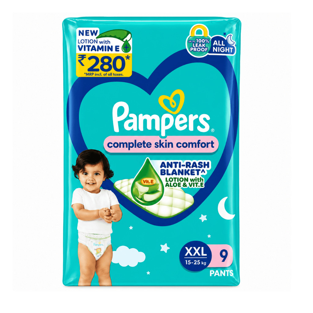 PAMPERS COMPLETE SKIN COMFORT PANTS, (XXL) 9 COUNT, ANTI-RASH BLANKET, LOTION WITH VITAMIN E & ALOE VERA,DOUBLE EXTRA LARGE SIZE BABY DIAPERS,15-25KG.
