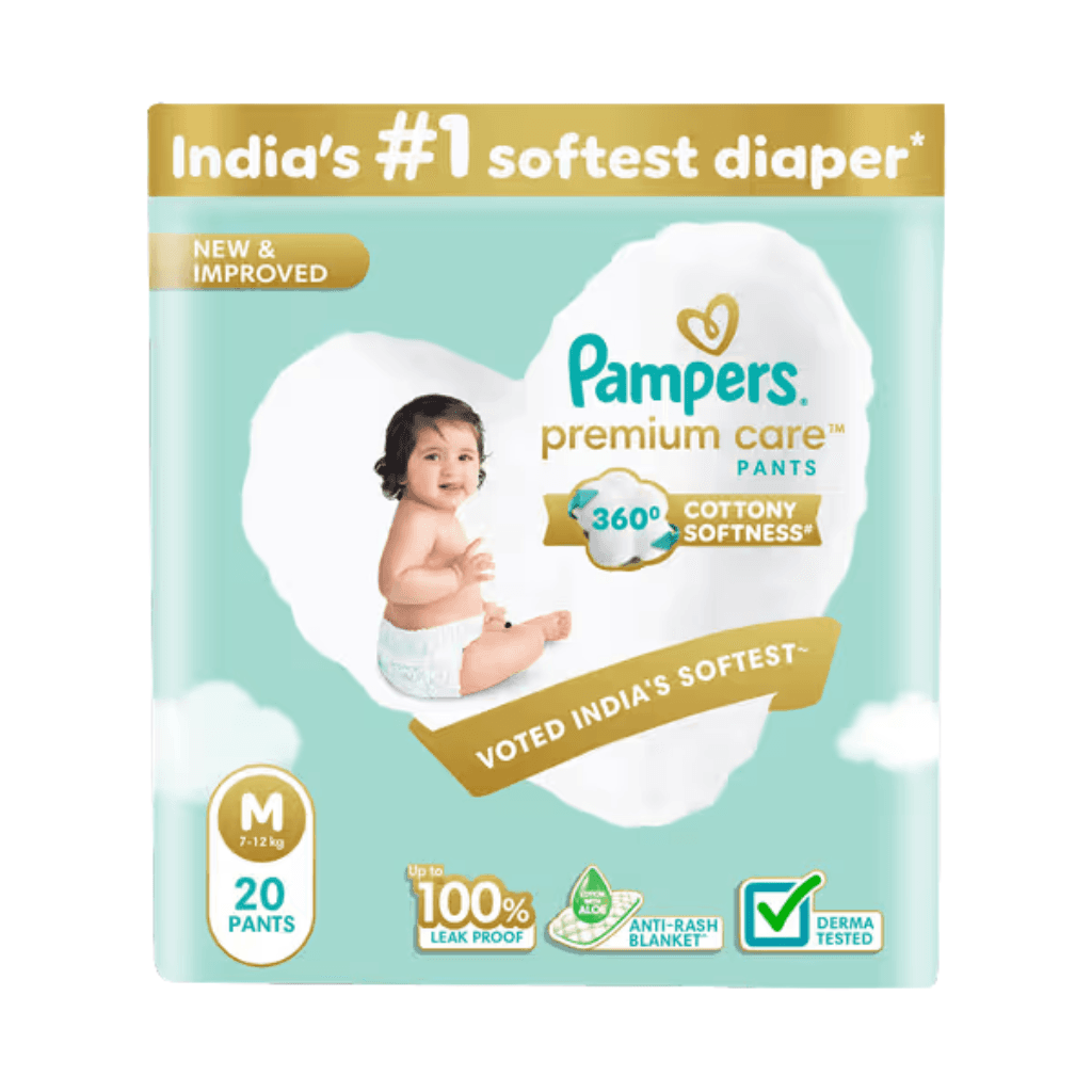 PAMPERS PREMIUM CARE | PANT STYLE, MEDIUM SIZE, 20 COUNT | 360 COTTON SOFTNESS DIAPER |ANTI RASH DIAPER WITH ALOE VERA AND 100% LEAK PROOF PROTECTION