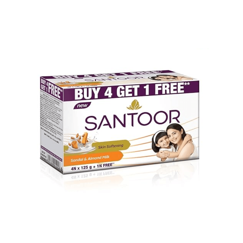 SANTOOR SANDAL & ALMOND MILK SOAP COMBO (BUY 4 GET 1 FREE) 125G EACH