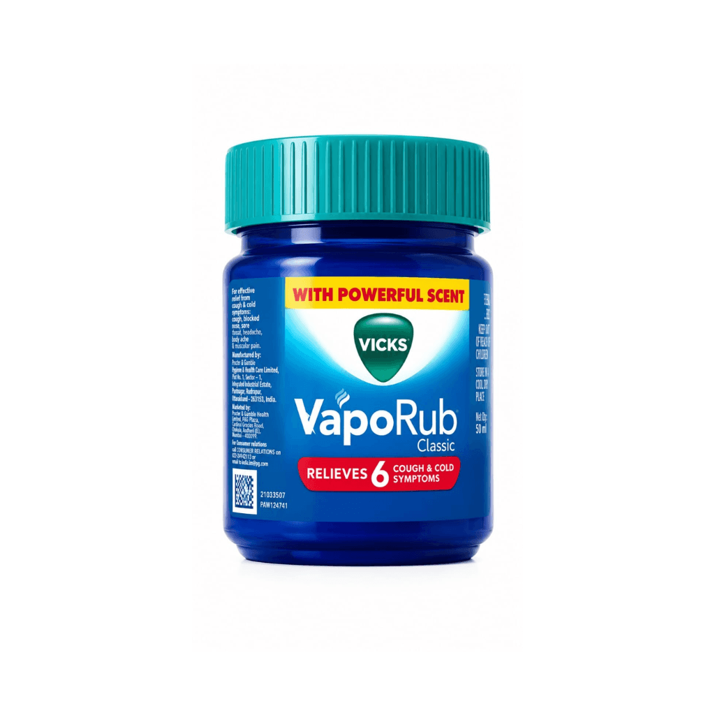 Vicks Vaporub 50ml ml Relief From Cold, Cough, Blocked Nose, Headache, Body Ache, Muscular Stiffness And Breathing Difficulty