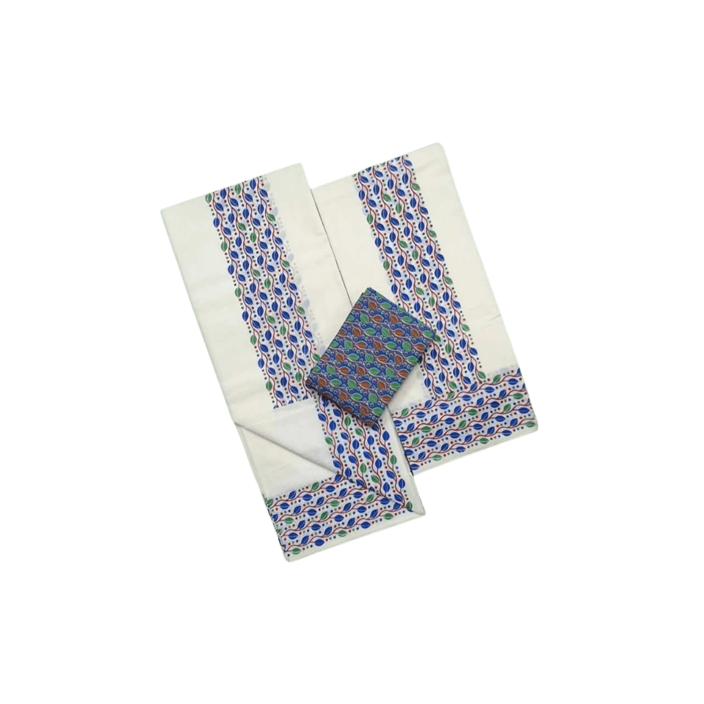 SS ENTERPRISES Off White Settu Mundu and Printed Cotton Blouse Combo – Ethnic Traditional Wear