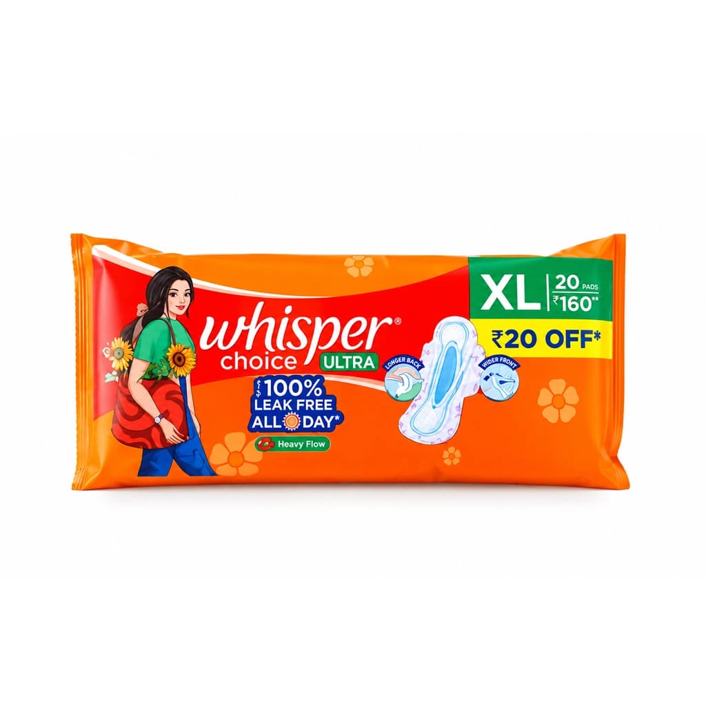 Whisper Choice Ultra Sanitary Pads for Women, XL 20 Napkins