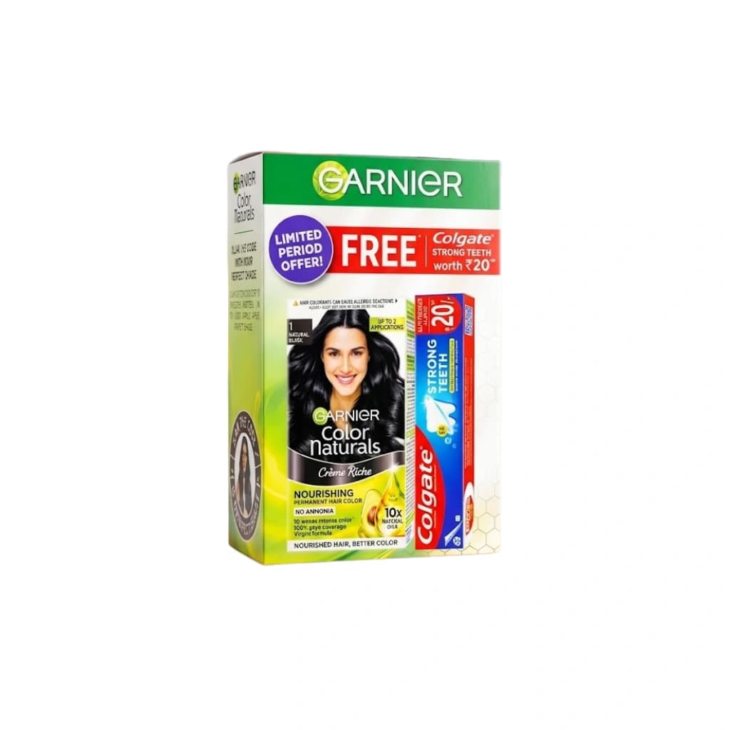 GARNIER COLOR NATURALS CREME RICHE NOURISHING PERMENENT HAIR COLOUR NO AMMONIA NATURAL BLACK 1 WITH COLGATE STRONG TEETH FREE