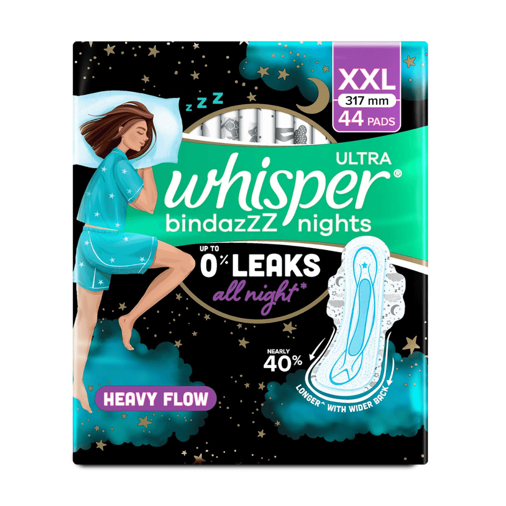 WHISPER BINDAZZZ NIGHTS 44 XXL SANITARY PADS, UPTO 0% LEAKS ALL NIGHT LONG, FOR HEAVY FLOW