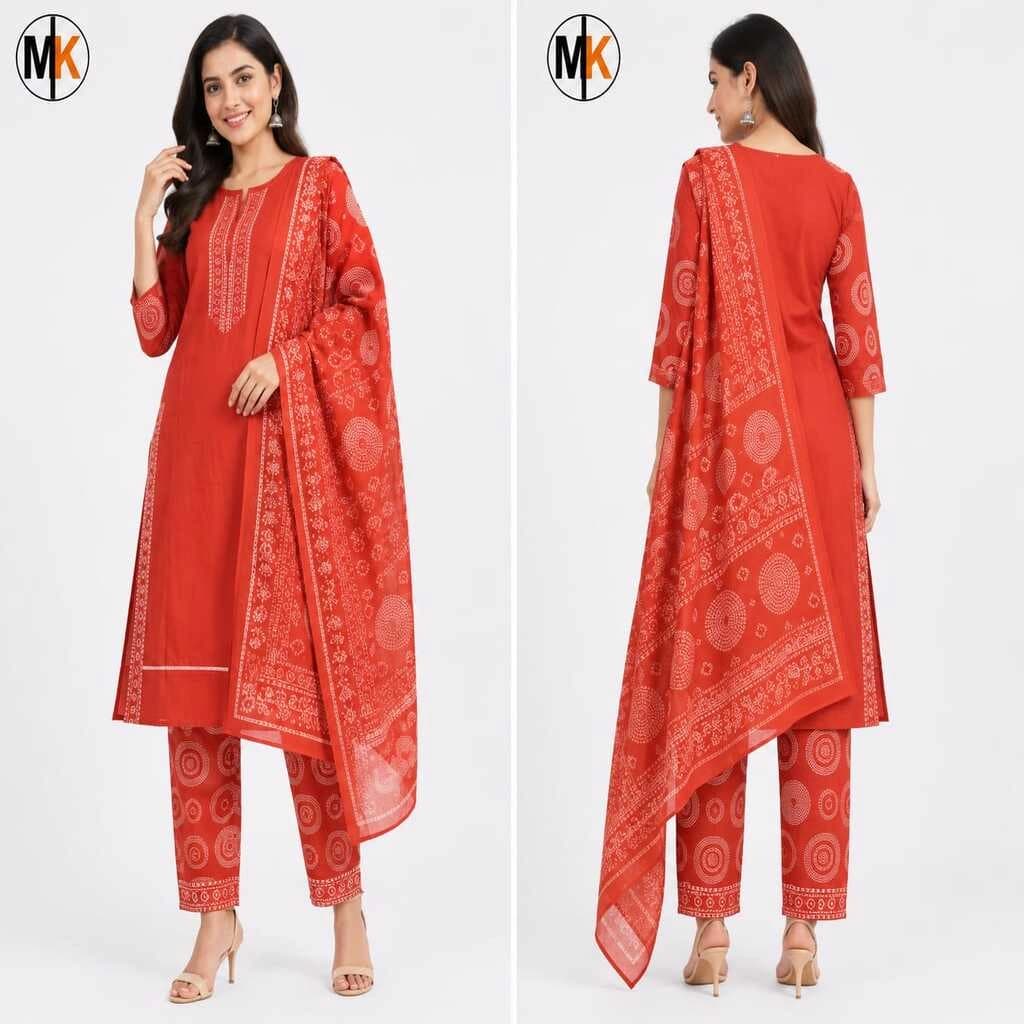 MK FABRICS -- THREE PIECE -- ORANGE COLOUR -- PREMIUM EDITION