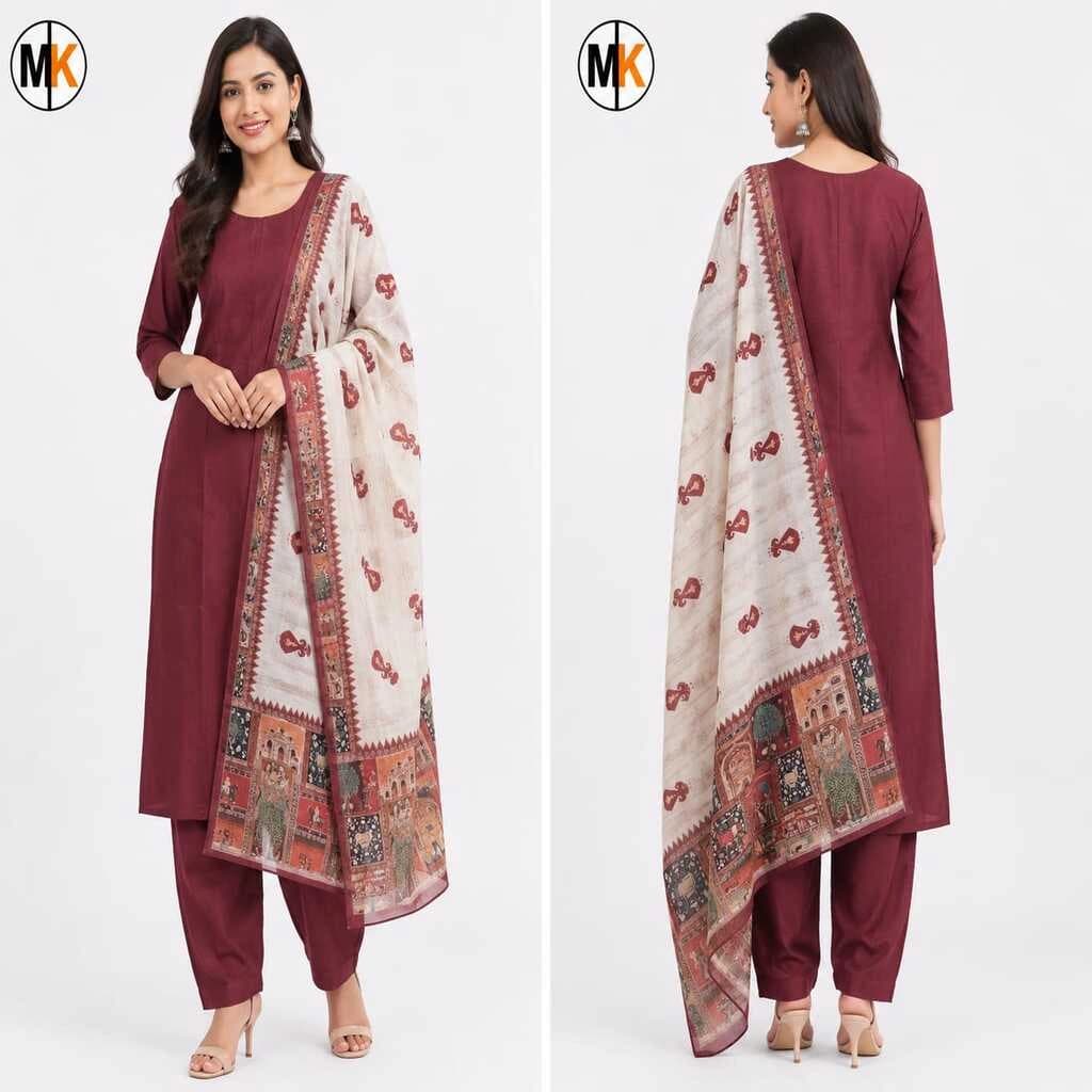MK FABRICS -- THREE PIECE -- PREMIUM DRESS --BROWN COLOUR