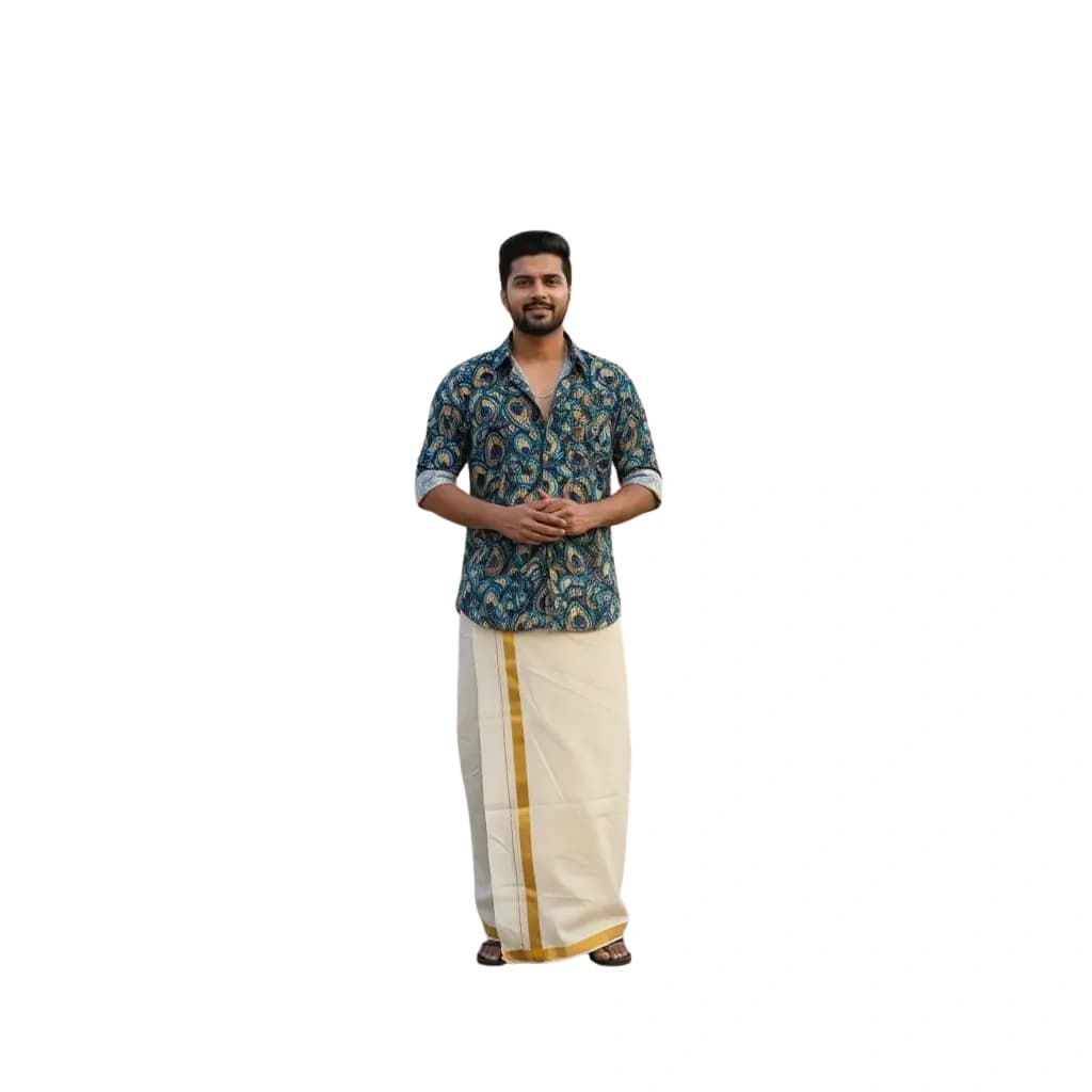 SN Onakodi Peacock Feather Shirt And Mund Combo S, Blue