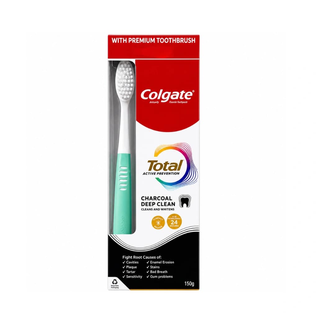 COLGATE TOTAL ACTIVE PREVENTION CHARCOAL DEEP CLEAN 150GM WITH PREMIUM TOOTHBRUSH
