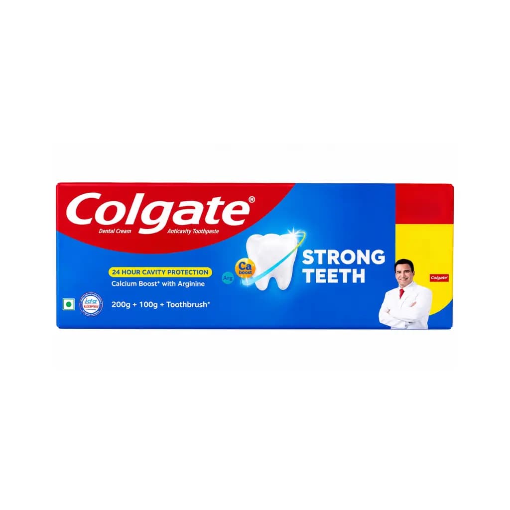 COLGATE STRONG TEETH ANTICAVITY TOOTHPASTE 200G + 100G + TOOTHBRUSH