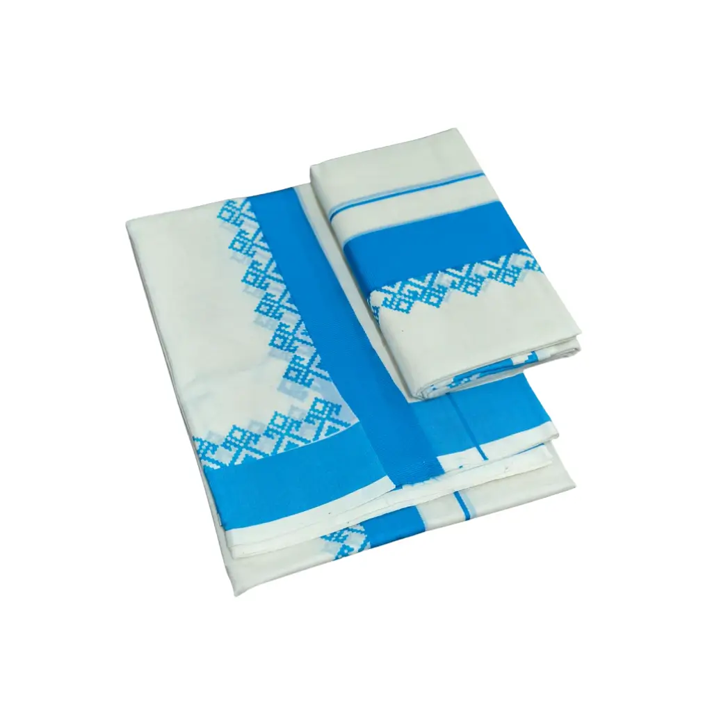 Kerala cotton Set Mundu with blue traditional design border