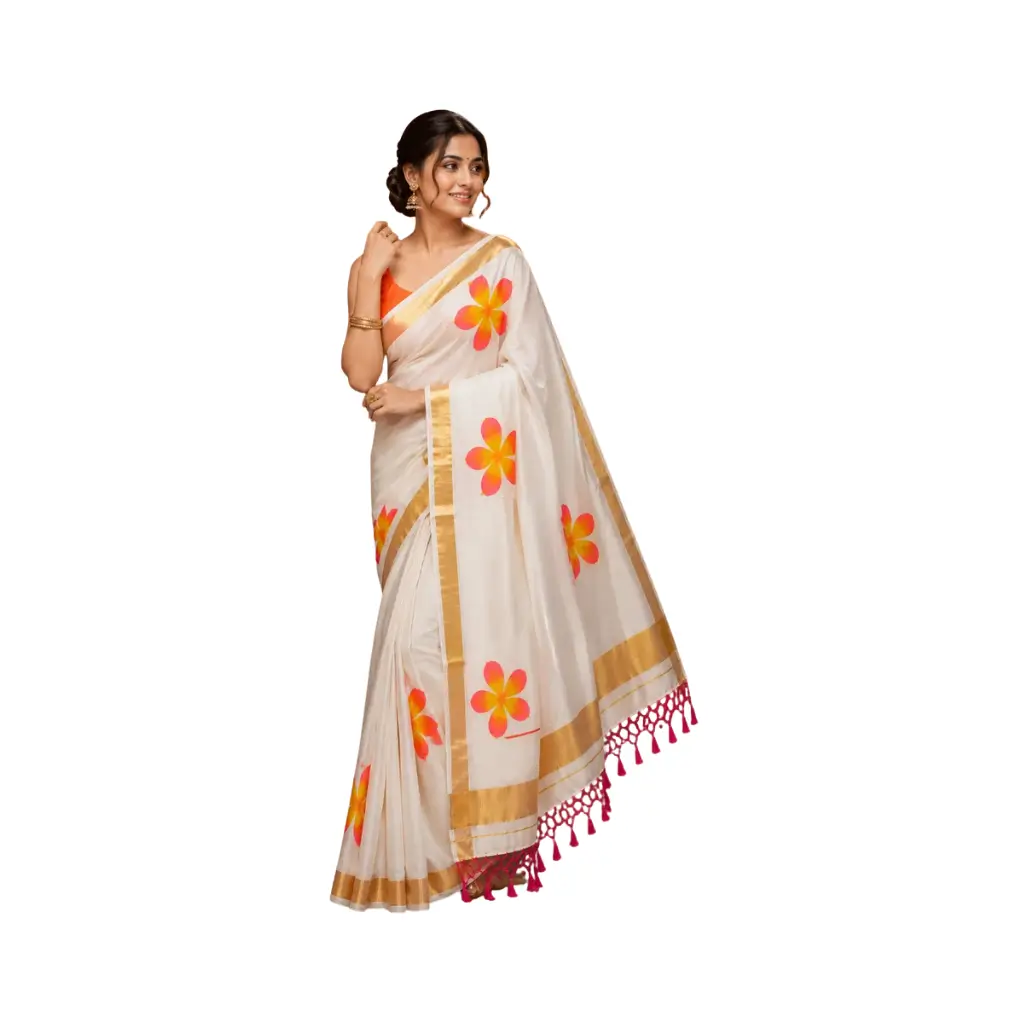 KUTHAMPULLY HAND-PAINTED FLOWER ON MUL COTTON KASAVU SAREE WITH BLOUSE