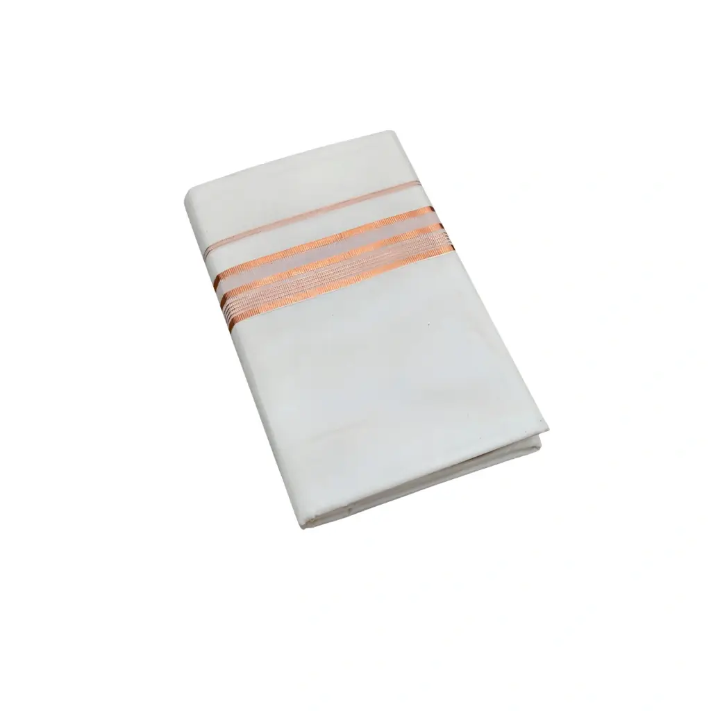 KUTHAMPULLY COPPER STYLE MENS DOUBLE DHOTI 4 METER PURE COTTON WITH HIGH QUALITY COPPER JERI