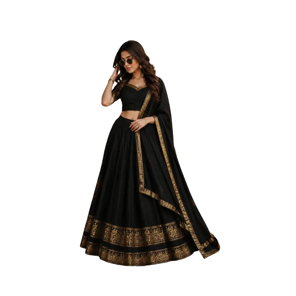 Kanchi cotton style Davani with rettapeta border with blouse 3 psc set
