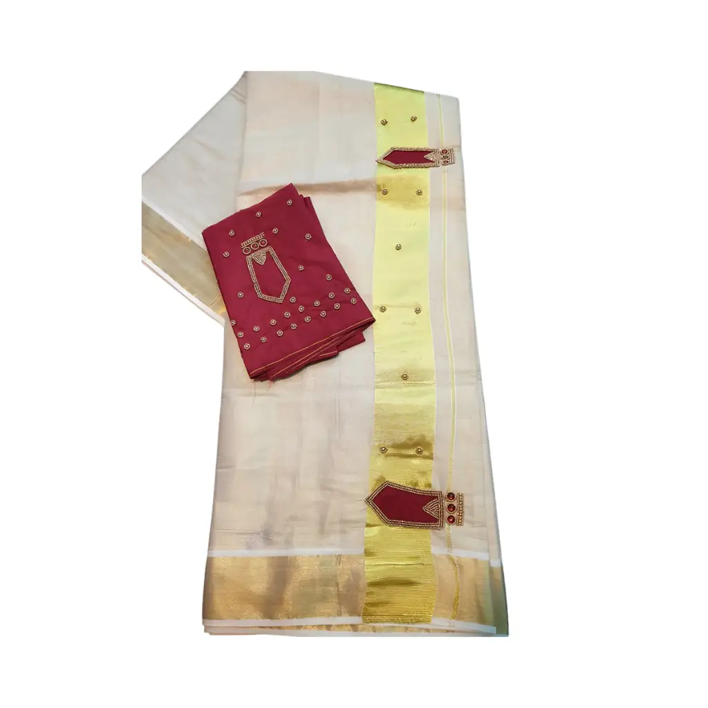 Kuthampully Golden Tissue Saree Nagapadam Handwork with Blouse