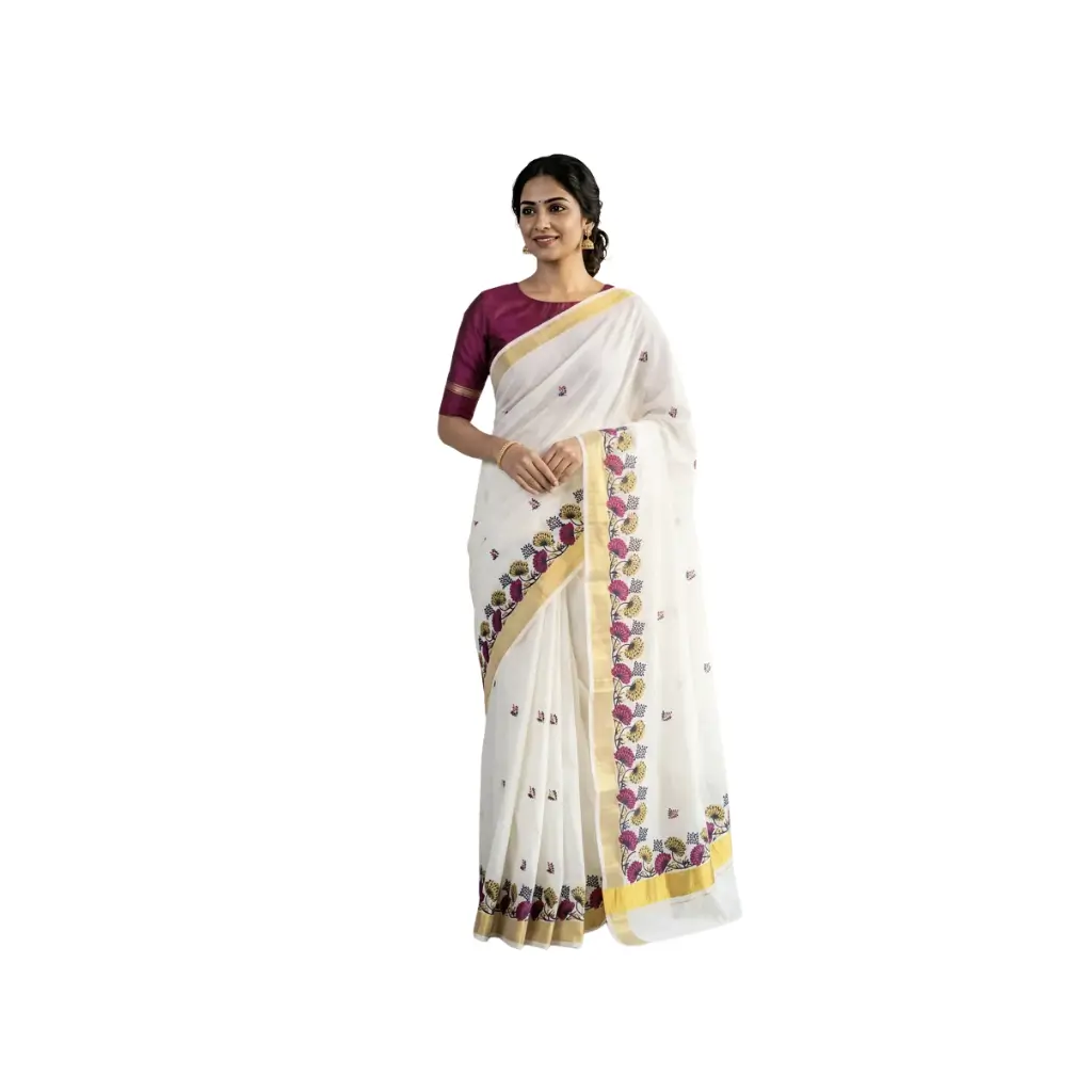 Pure Cotton Embroidery Saree Full body with blouse Lotus Embroidery
