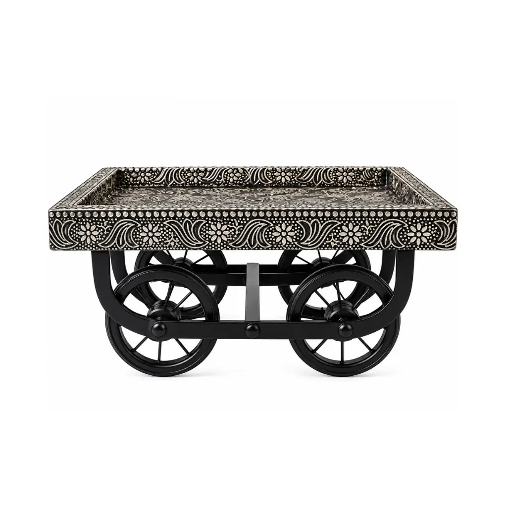 CRAFT TARA HANDCRAFTED MANGO WOOD CART TRAY WITH INTRICATE FLORAL CARVING AND WOODEN WHEELS