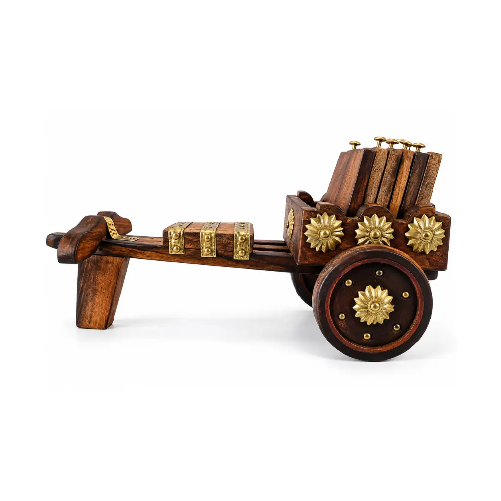 CRAFT TARA HANDCRAFTED MANGO WOOD BULLOCK CART TEA COASTER SET WITH BRASS EMBELLISHMENTS / SET OF 6