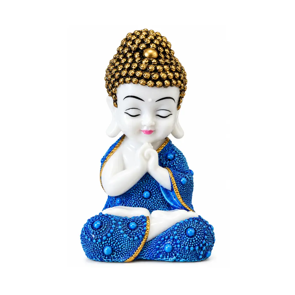 CRAFT TARA HANDCRAFTED POLYRESIN PRAYING BABY MONK BUDDHA IDOL | NAMASTE POSE | TEXTURED BLUE ROBE
