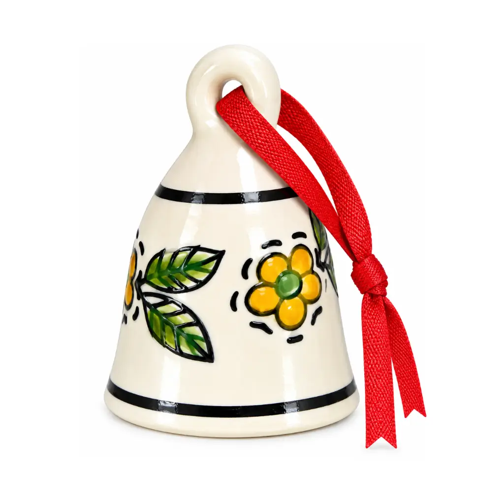 CRAFT TARA ARTISANAL POTTERY HANGING BELL ORNAMENT WITH FLORAL & LEAF DESIGN