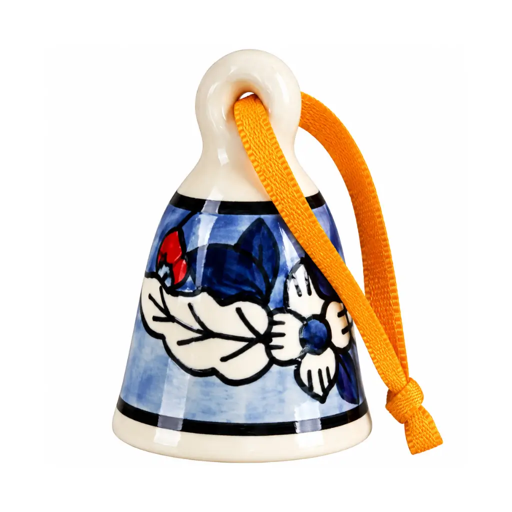 CRAFT TARA ARTISANAL HAND PAINTED POTTERY HANGING BELL WITH BLUE FLORAL & LEAF DESIGN