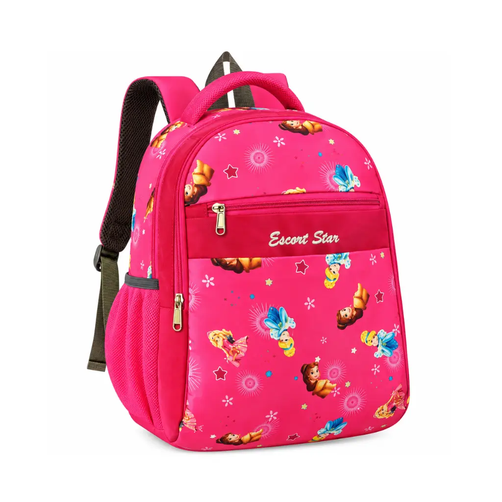 POOJA BAGS KIDS SCHOOL BACKPACK | PINK PRINTED MULTI COMPARTMENT BAG