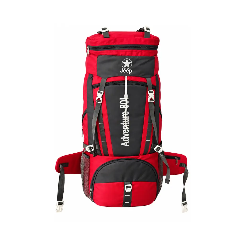 POOJA BAGS JEEP ADVENTURE 80L HIKING & TREKKING BACKPACK | RED & BLACK