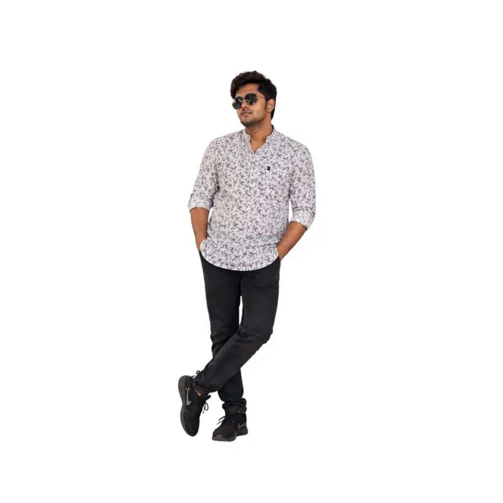 KUTHAMPULLY MEN'S WHITE PURE COTTON PRINTED SHORT KURTA