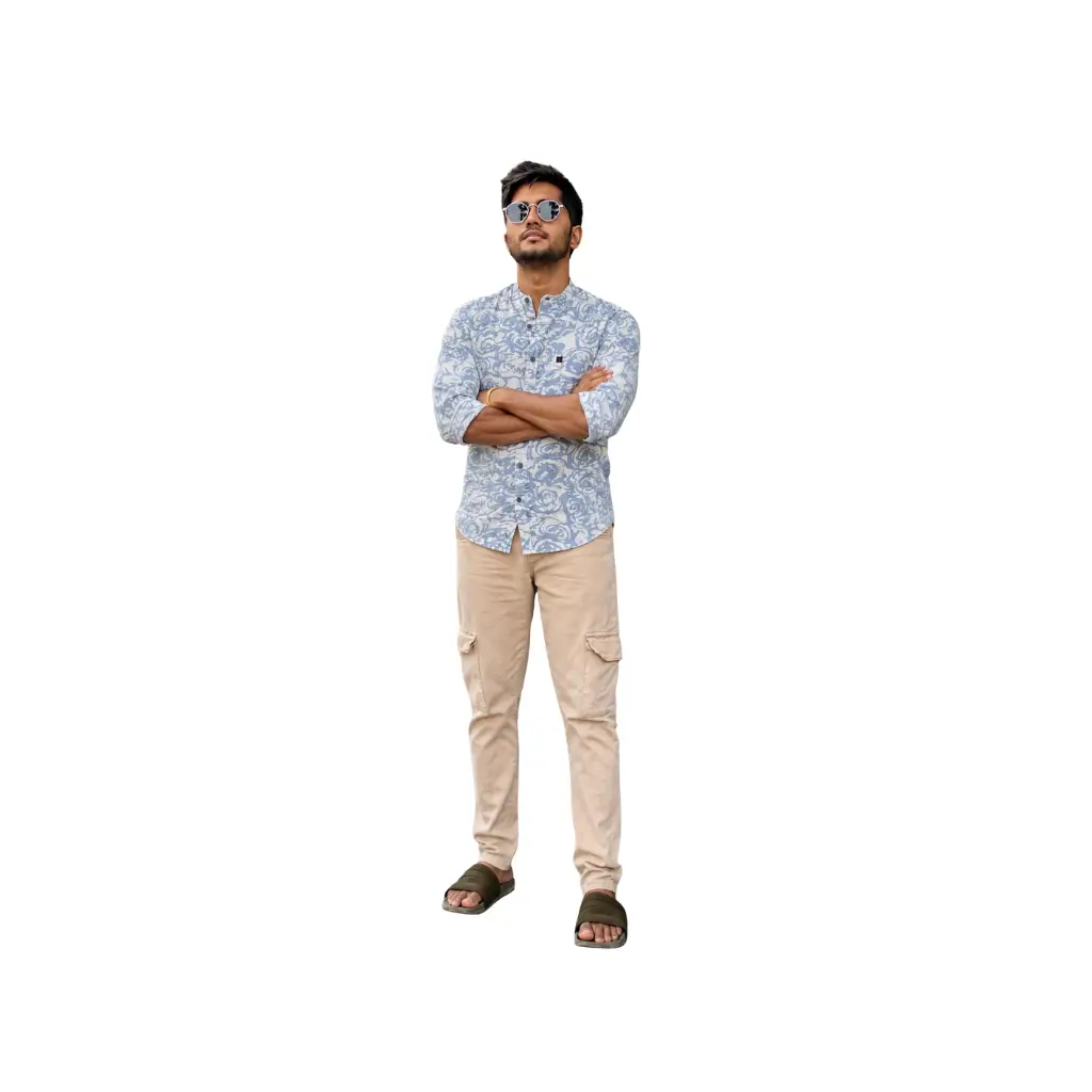 KUTAMPULLY MEN'S SHORT KURTA COTTON IN SKY BLUE PRINT WITH CHINEESE COLOR