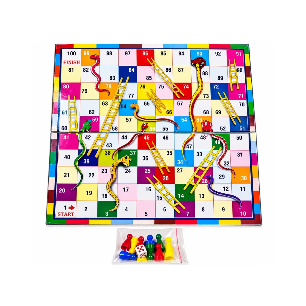 Classic Snakes & Ladders Board Game with Colorful Playing Pawns