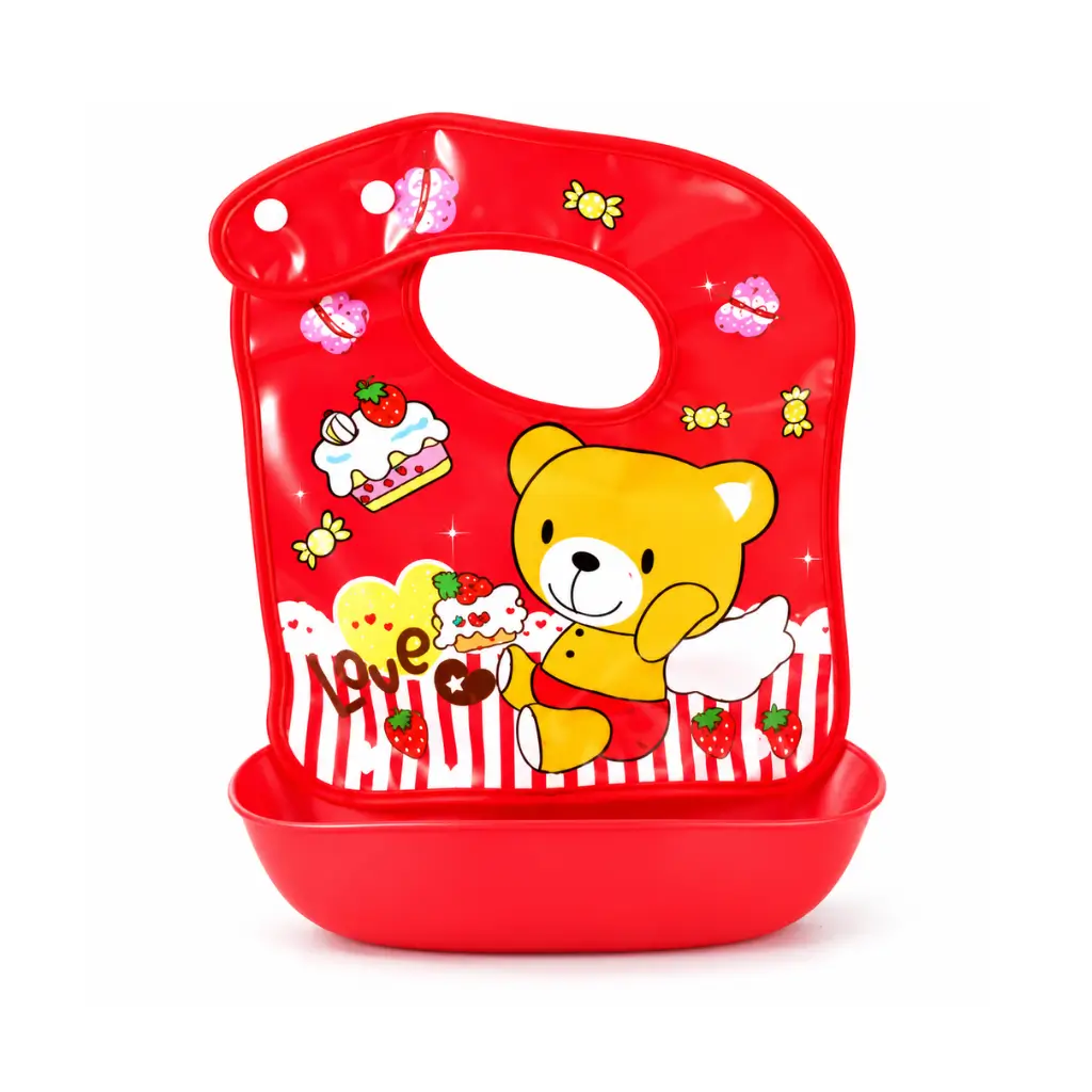 GENERIC SOFT PLASTIC BABY FEEDING BIB WITH FOOD CATCHER POCKET RED TEDDY BEAR PRINT |1 PIECE